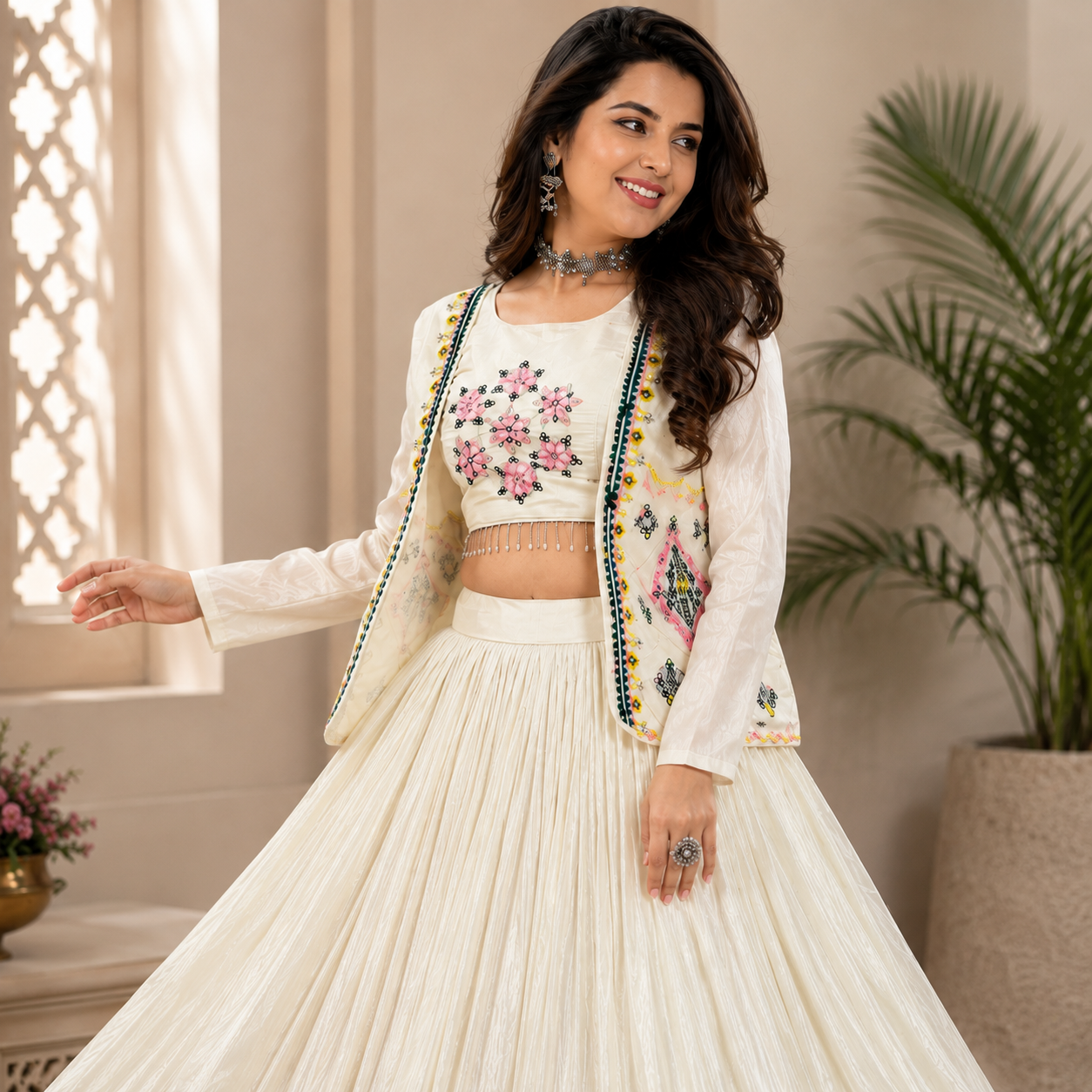 Festival Special Crop Top Choli, Lehenga & Jacket | Pure Tissue Shimmer | Handwork & Diamond Work