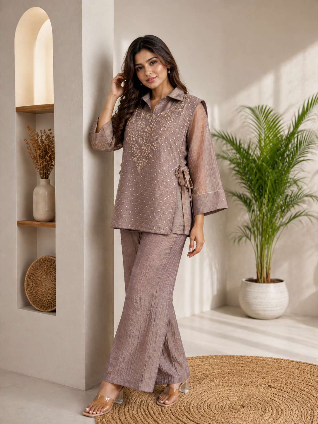 Women’s Premium Salsa Silk Hand Work Co-Ord Set – Elegant Designer Top & Palazzo Set
