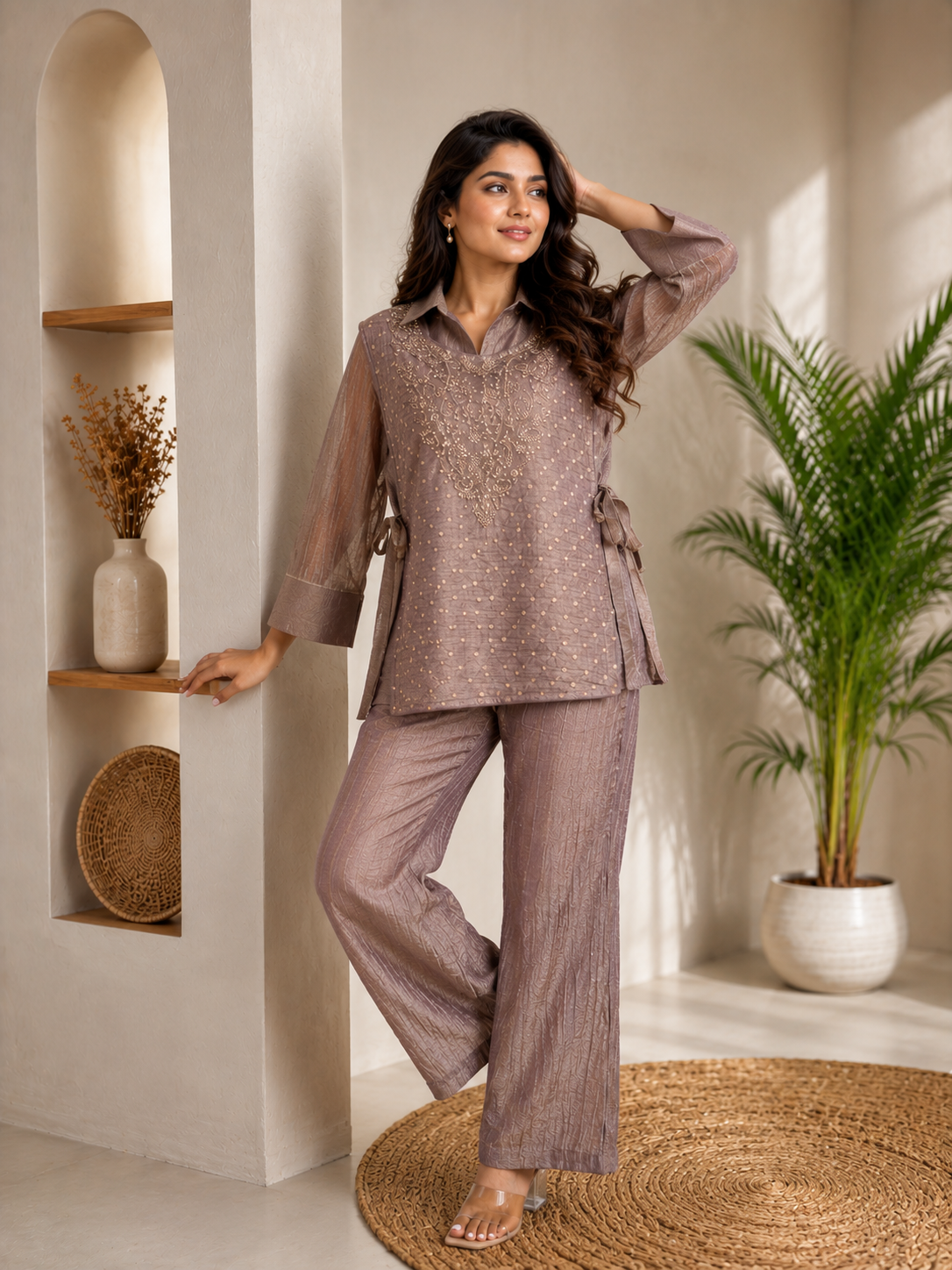 Women’s Premium Salsa Silk Hand Work Co-Ord Set – Elegant Designer Top & Palazzo Set