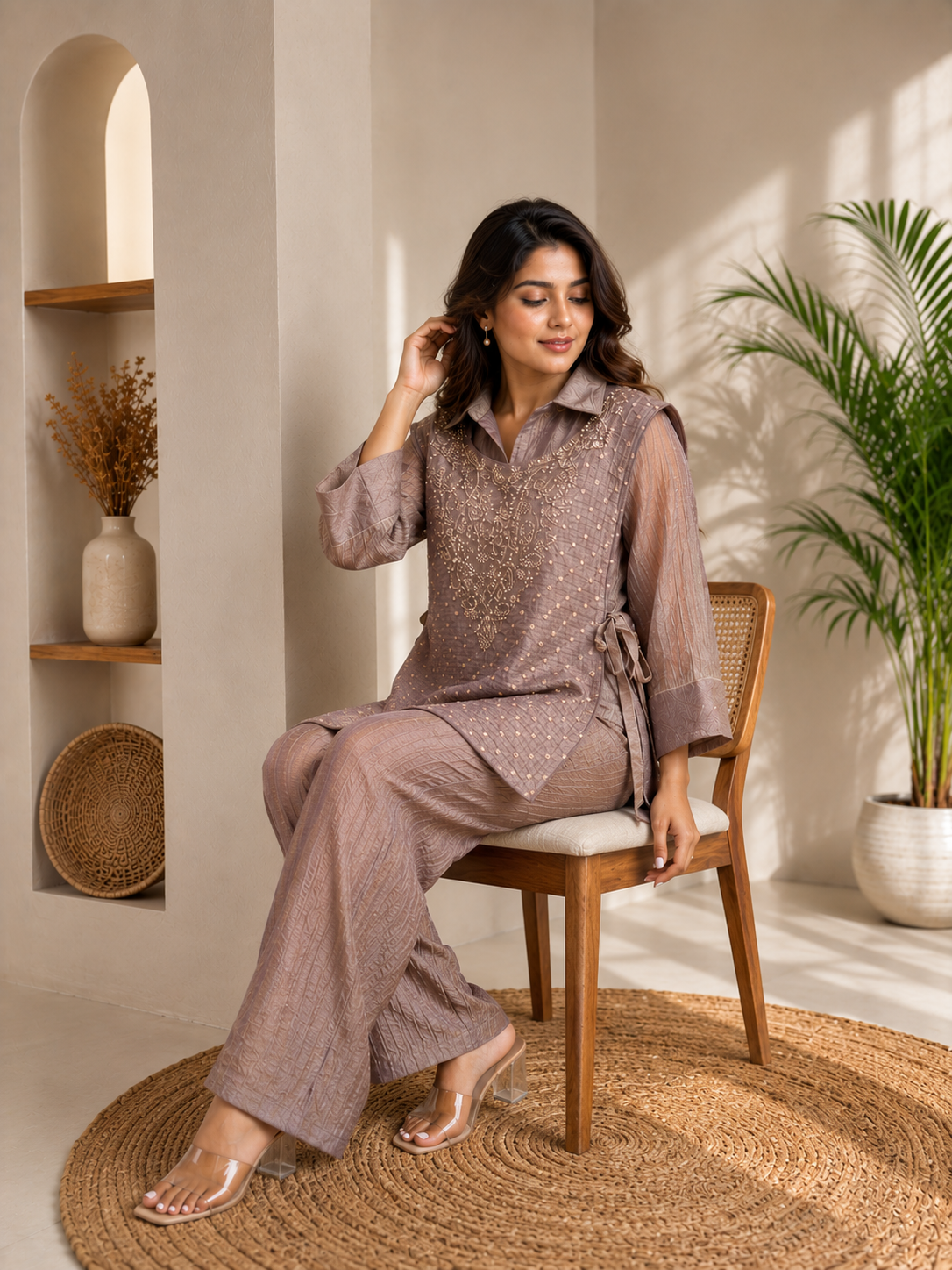 Women’s Premium Salsa Silk Hand Work Co-Ord Set – Elegant Designer Top & Palazzo Set