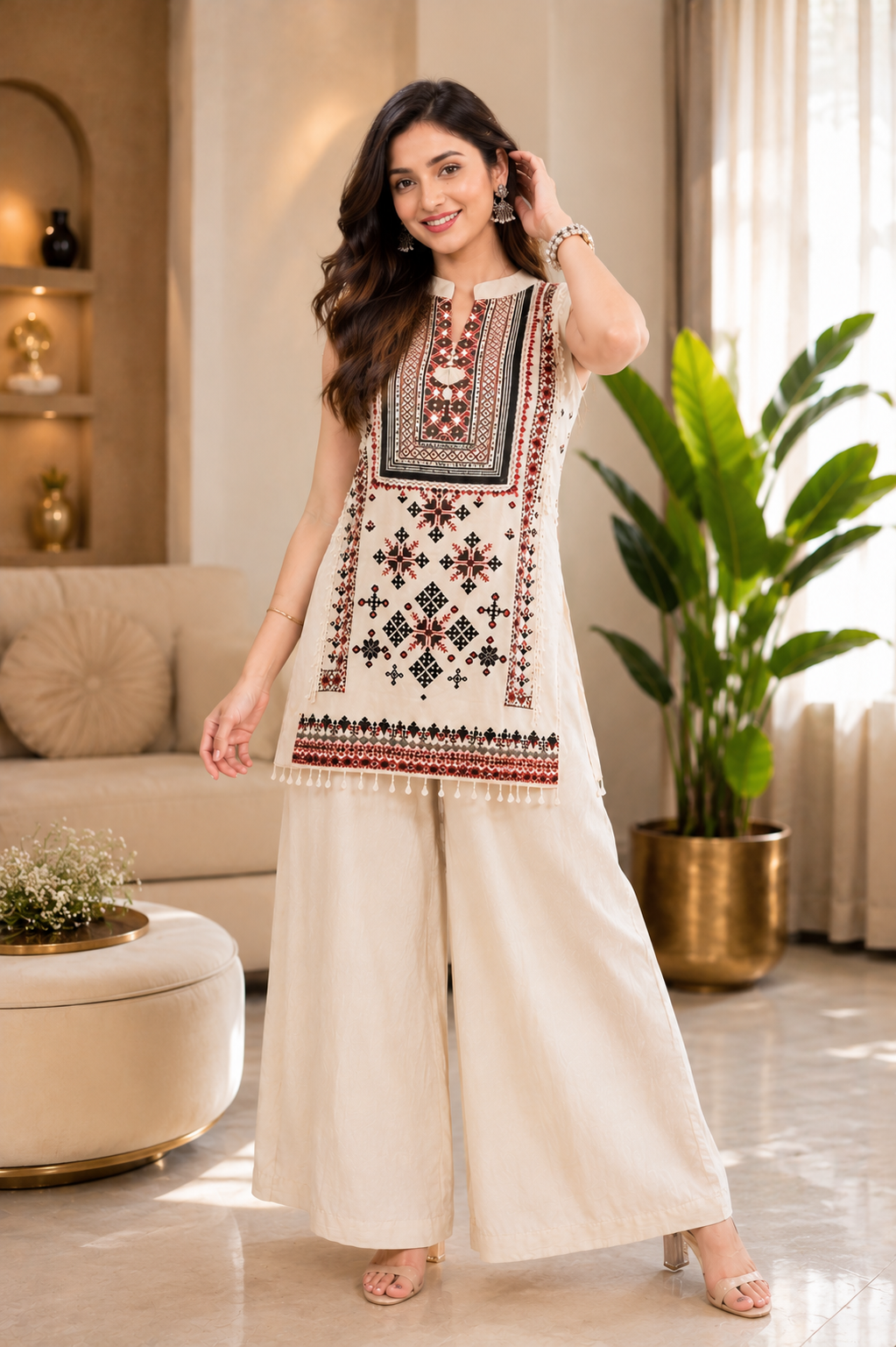 Women's Premium Gujarati Pattern Muslin Silk Top with Roman Silk Palazzo Co-Ord Set