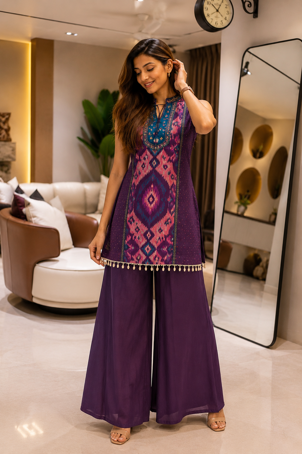 Women's Premium Gujarati Pattern Muslin Silk Top with Roman Silk Palazzo Co-Ord Set