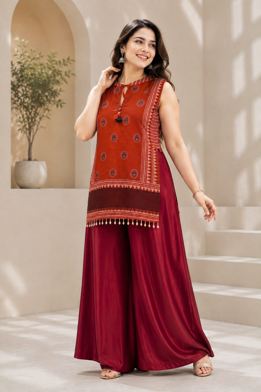 Women's Premium Gujarati Pattern Muslin Silk Top with Roman Silk Palazzo Co-Ord Set