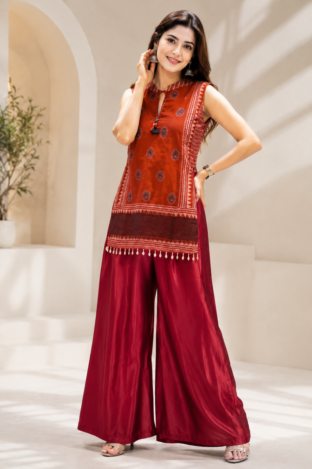Women's Premium Gujarati Pattern Muslin Silk Top with Roman Silk Palazzo Co-Ord Set