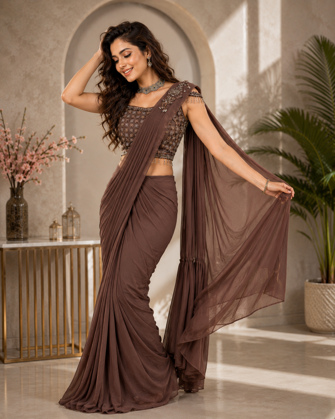 Women's Designer Ready-to-Wear Draped Saree Elegant Embroidered Blouse Outfit
