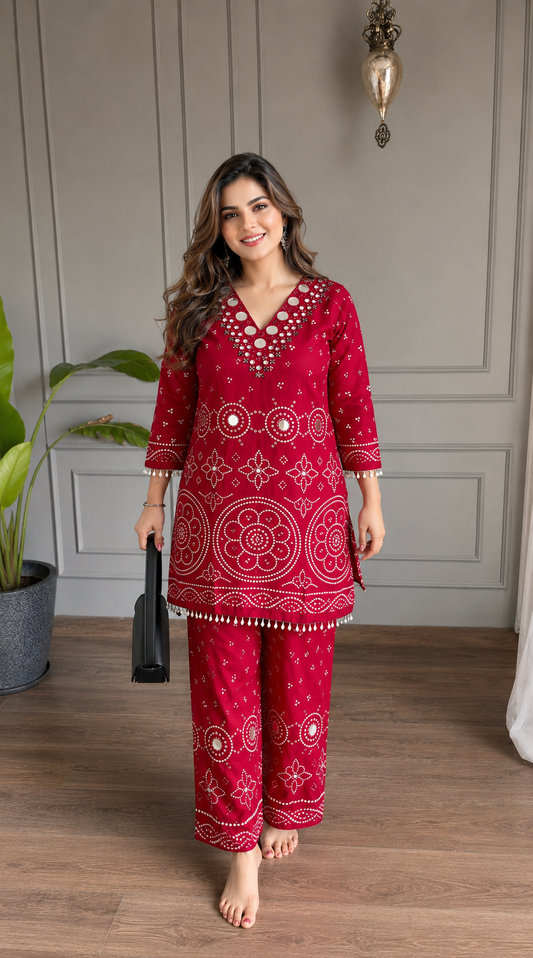 Women's Premium Mirror Work Embroidered Kurta Palazzo cord - Set for Ethnic Wear