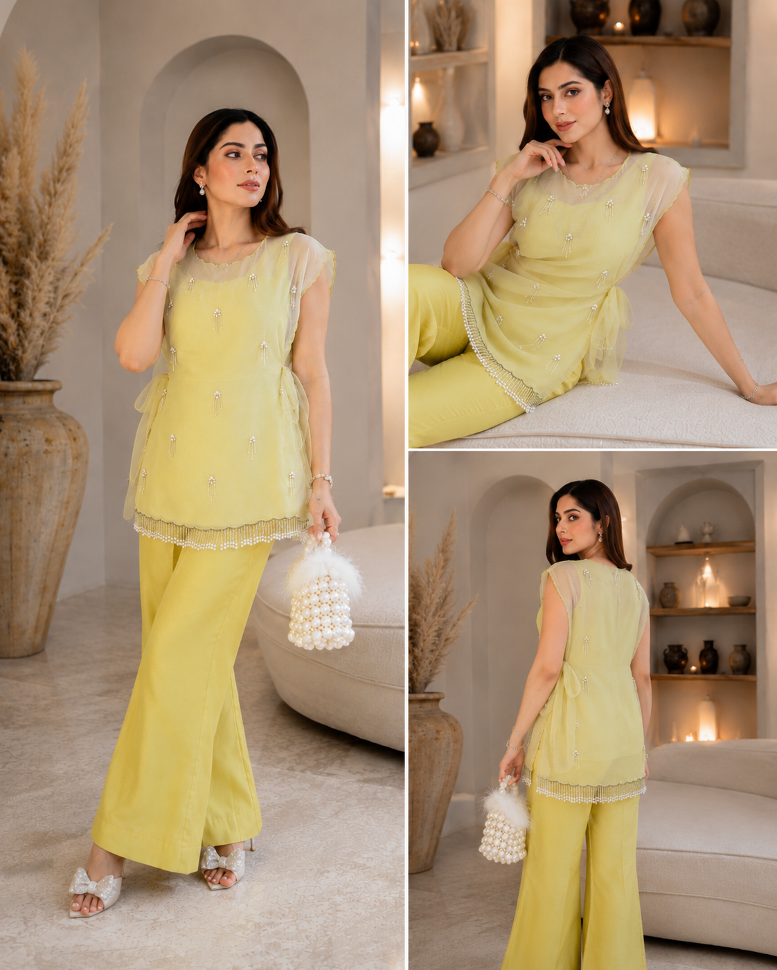 Women's Designer Three Piece Embellished Co-Ord Set with Inner Top and Palazzo