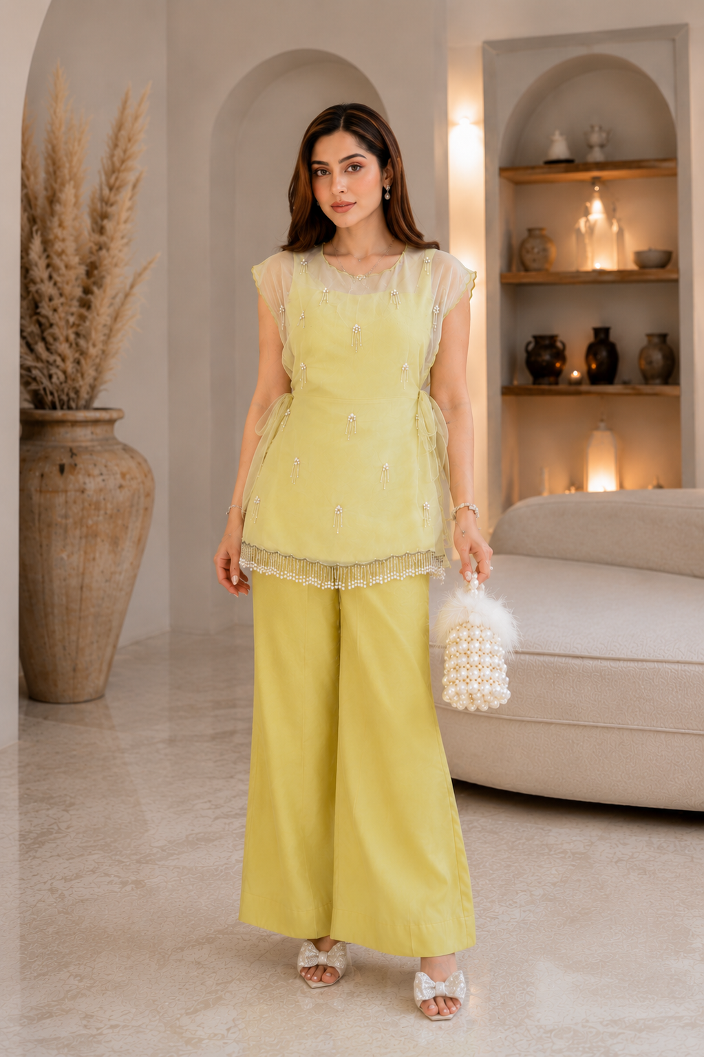 Women's Designer Three Piece Embellished Co-Ord Set with Inner Top and Palazzo