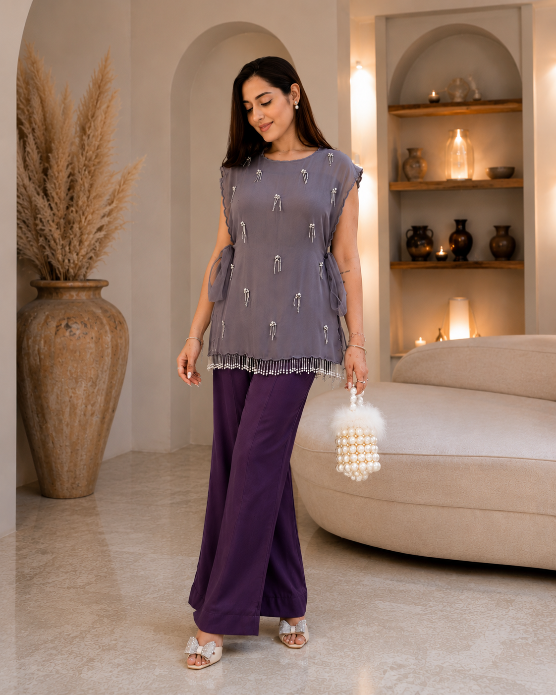 Women's Designer Three Piece Embellished Co-Ord Set with Inner Top and Palazzo