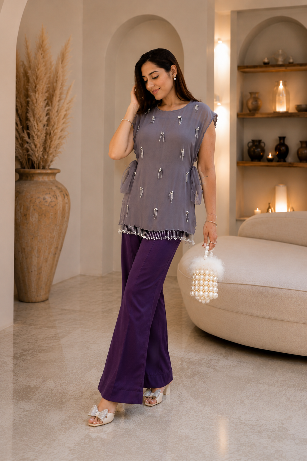 Women's Designer Three Piece Embellished Co-Ord Set with Inner Top and Palazzo