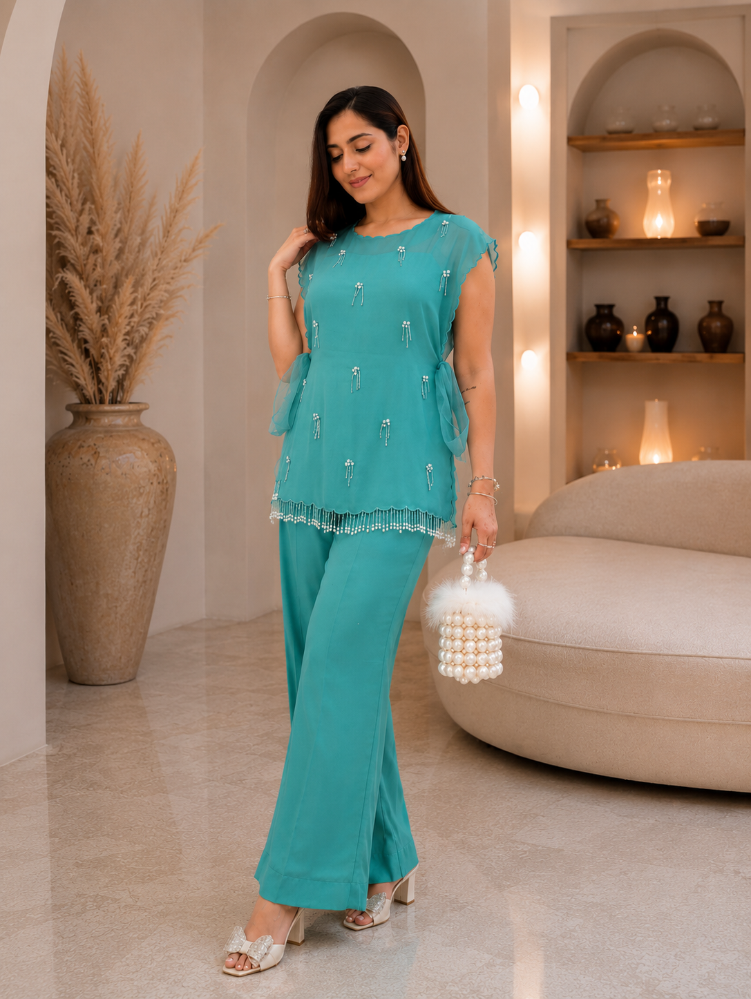 Women's Designer Three Piece Embellished Co-Ord Set with Inner Top and Palazzo