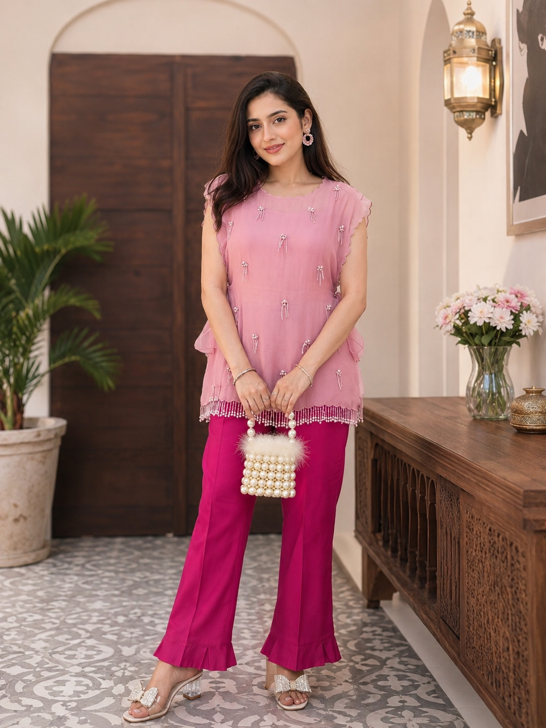 Women's Designer Three Piece Embellished Co-Ord Set with Inner Top and Palazzo
