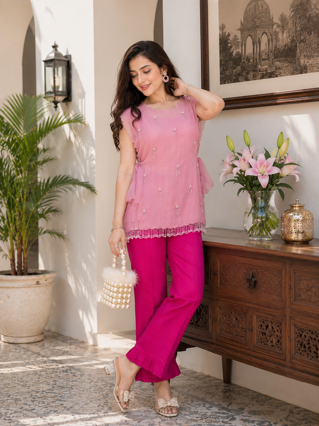 Women's Designer Three Piece Embellished Co-Ord Set with Inner Top and Palazzo