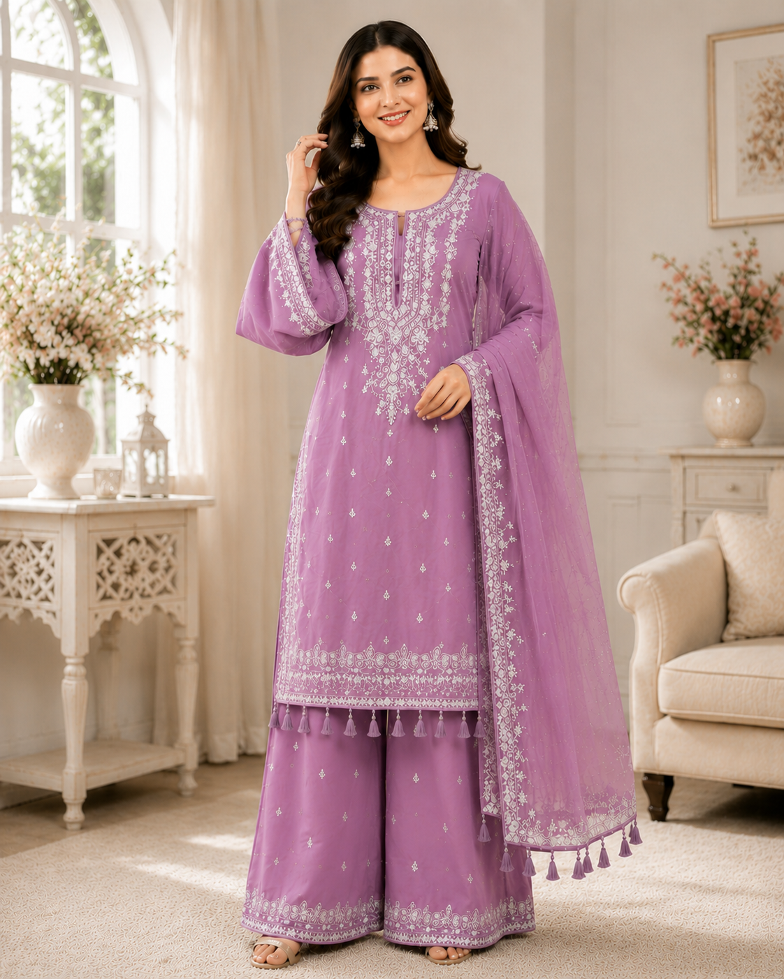 Women's Heavy Faux Georgette Embroidered Kurta Sharara Set with Dupatta Party Wear