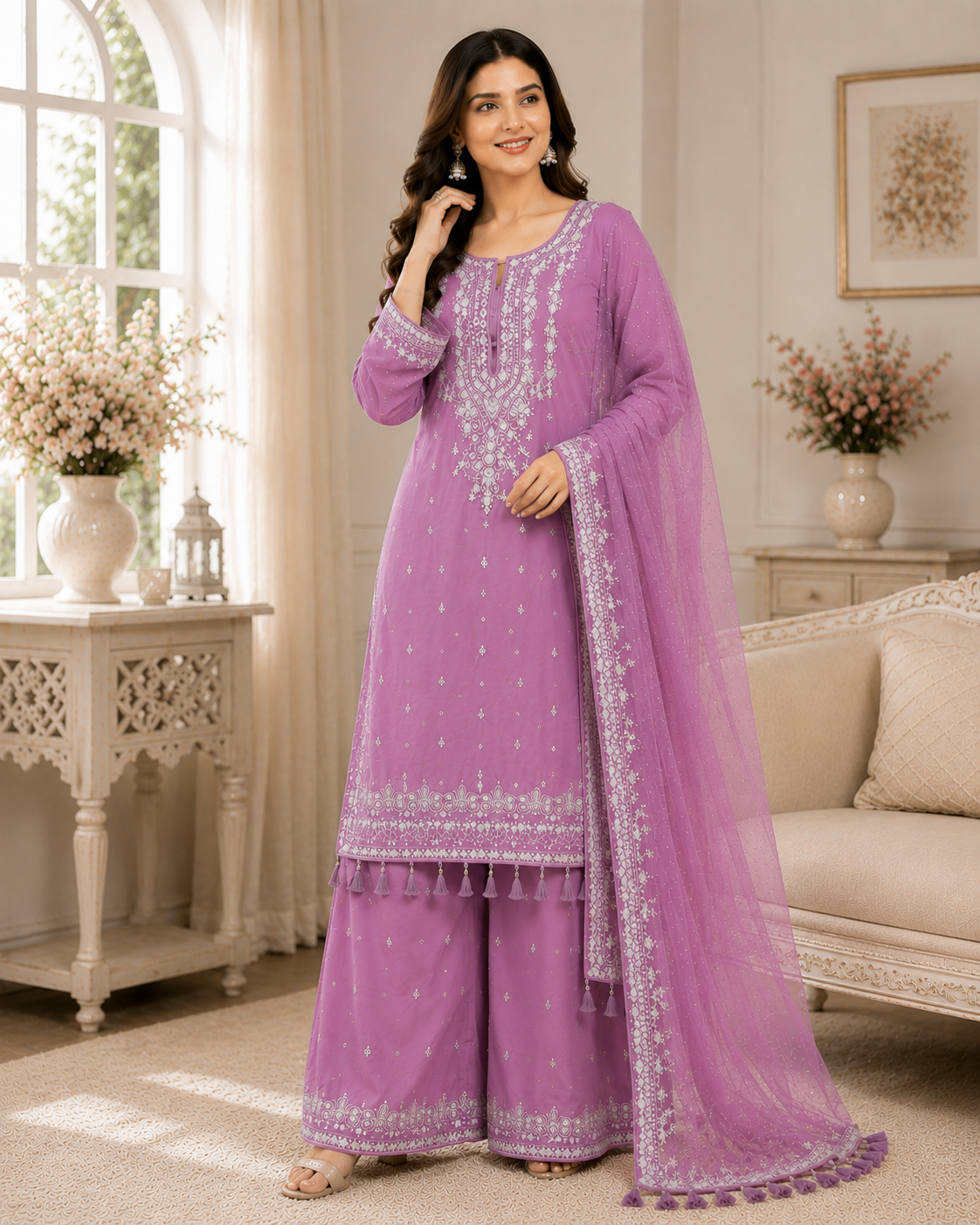 Women's Heavy Faux Georgette Embroidered Kurta Sharara Set with Dupatta Party Wear