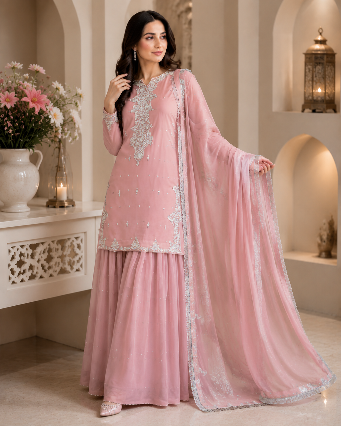 Women's Premium Hand Embroidered Kurta Sharara Set with Dupatta for Festive Wedding Wear