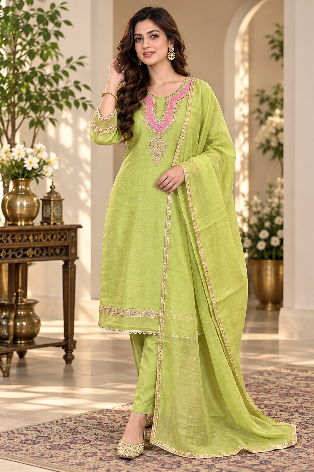 Women’s Hand Embroidered Designer Suit Set With Pants Dupatta