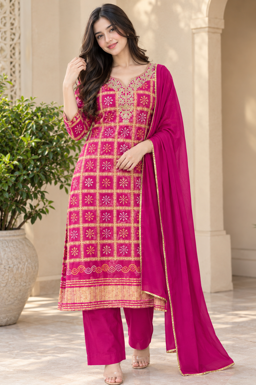 Elegant Gharchola Bandhani Inspired Traditional Suit Set With Dupatta
