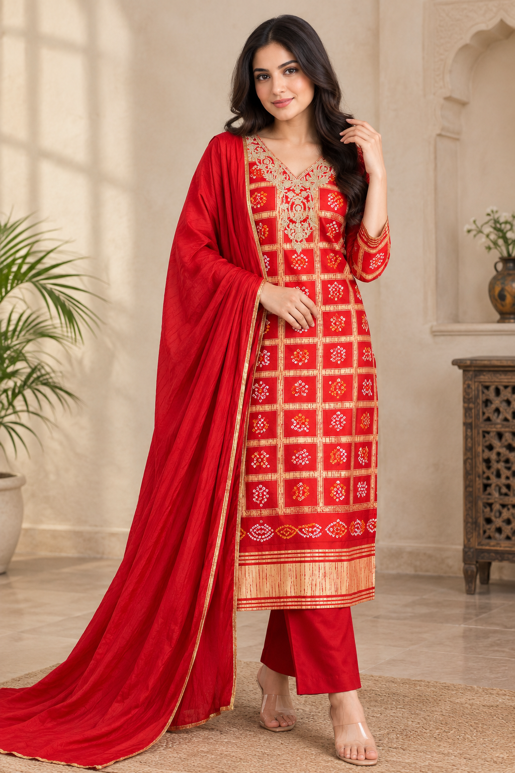 Elegant Gharchola Bandhani Inspired Traditional Suit Set With Dupatta