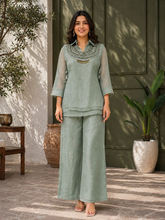 Women’s Premium Salsa Silk Hand Work Co-Ord Set – Elegant Designer Top & Palazzo Set