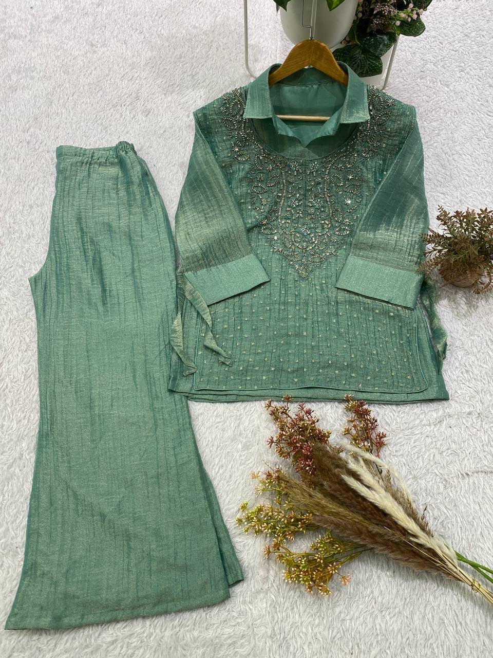 Women’s Premium Salsa Silk Hand Work Co-Ord Set – Elegant Designer Top & Palazzo Set